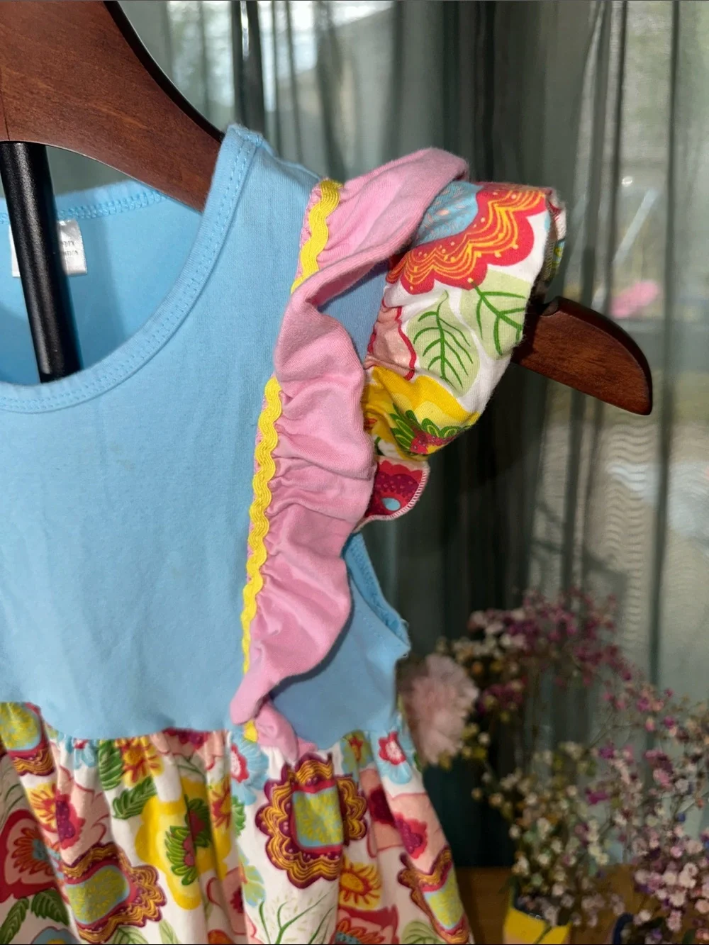 Girls Floral Ruffle Dress - Blue and Pink